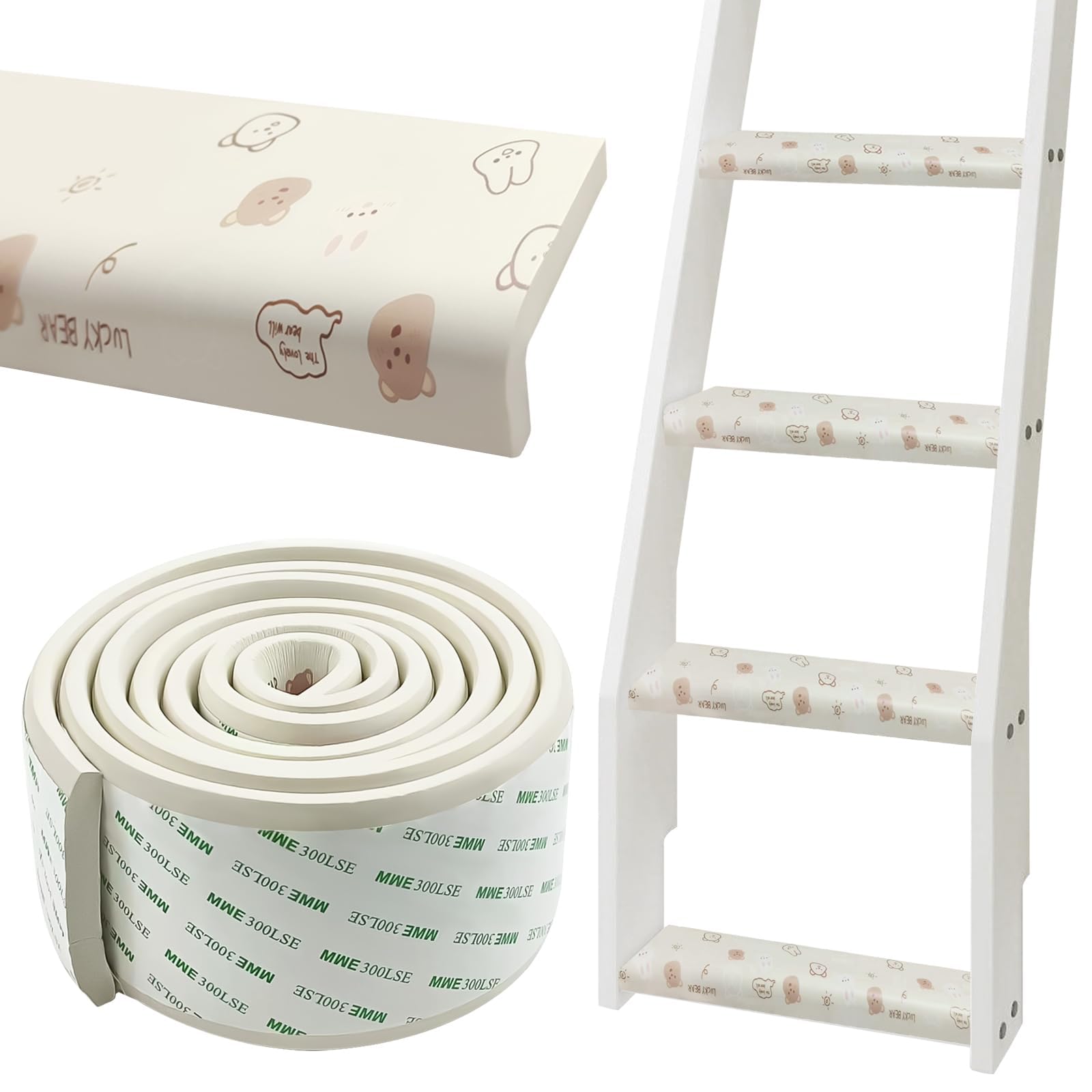 Bunk Bed Ladder Pads, 2M PVC Soft Corner Protectors, Corner Edge Protector with Strong Adhesive, Self-Adhesive Cover Foam Padding for Stair Steps Foot Comfort, Sharp Edges, Table, Desk, White Bear