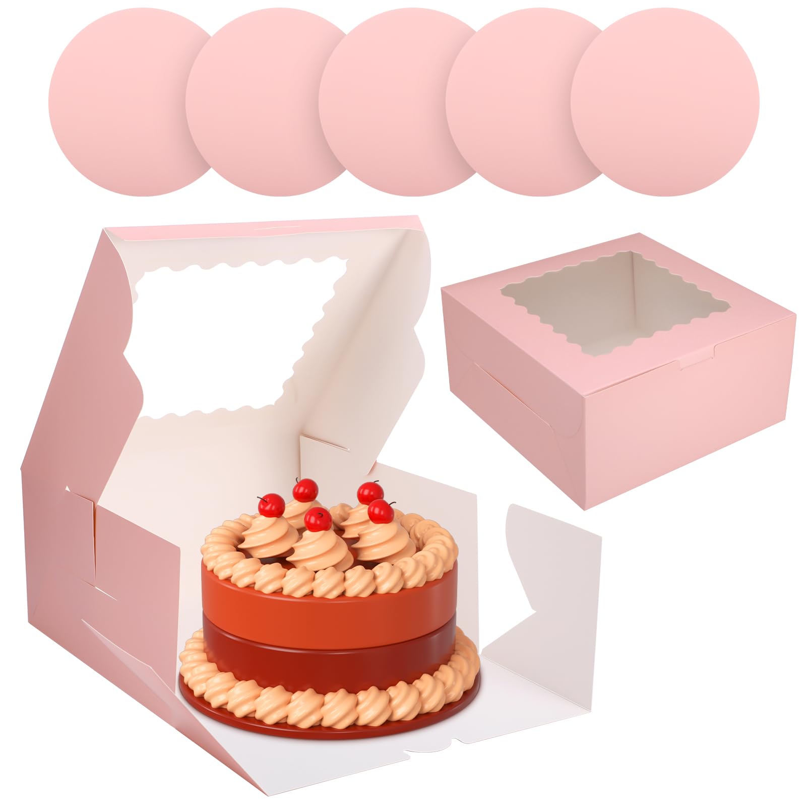 saerryor 6 Pack 10 inch Cake Boxes,Bakery Cake Boxes With Window,Pink Cake Box,10x10x5 inch Large Square Cake Box with 6pcs Boards for Cake Pastry Desserts Wedding Birthday Party