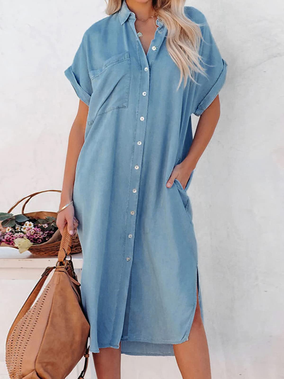 CUPSHE Femme Robe Casual Boutonné à Col de Chemise Manchon de Cloche Longue Shirt Robe Tunique Blouse
