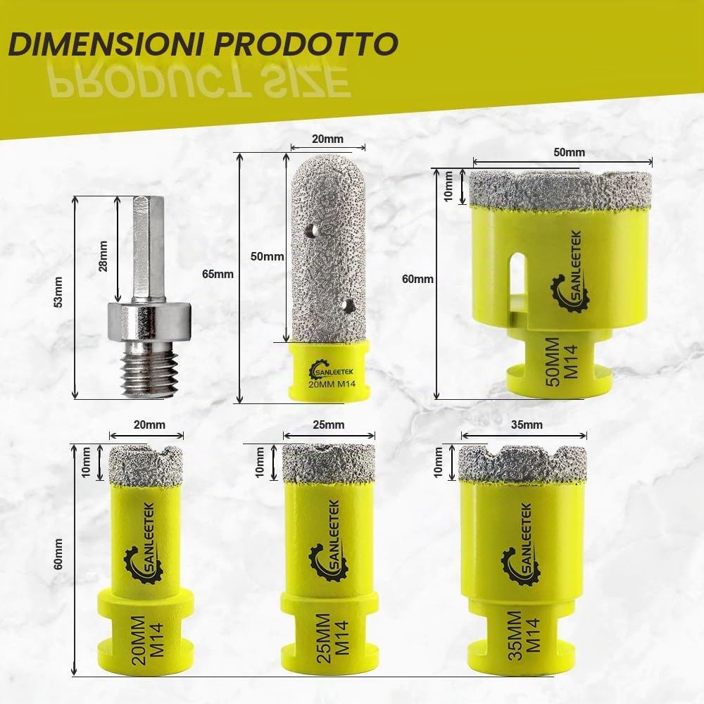 Punte per Trapano Diamantate 6pezzi - (20/25/35/50mm+20mm Fresa Trapano+Adattatore Esagonale) per Ceramica Porcellana Marmo Granito M14 Filettatura SANLEETEK