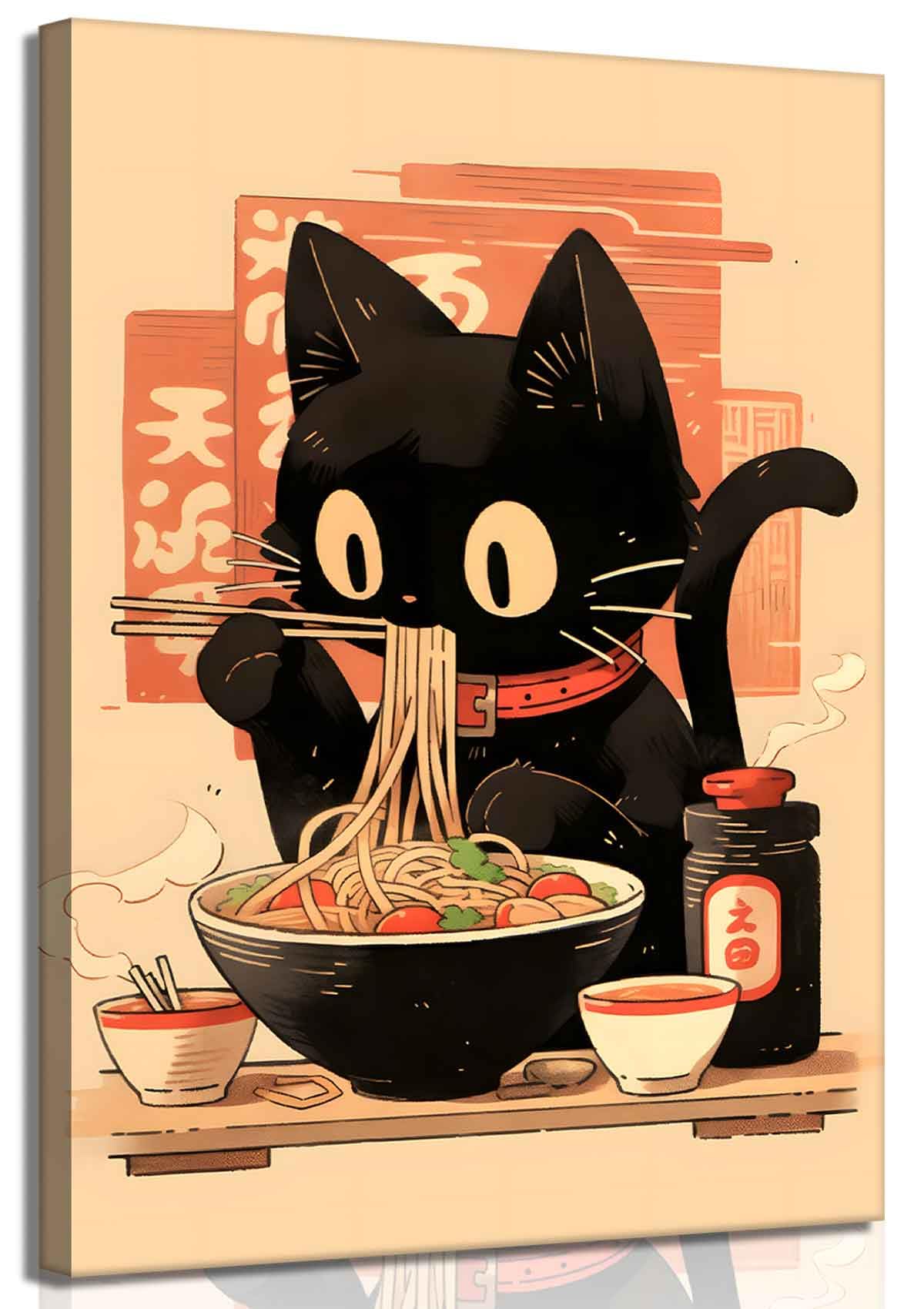 Japanese Noodle Black Cat Canvas Wall Art Trendy Tokyo Ukiyoe Cats Wall Decor Pictures Retro Cute Tokyo For Kitchen Posters Prints for Kids Teens Room