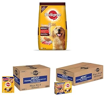 Pedigree Dry Food for Adult Dogs, Meat & Rice, 20kg & Wet Food for Adult Dogs, Chicken & Liver Chunks in Gravy Flavour, Pack of 30 & Wet Dog Food, Chicken & Liver Chunks in Gravy Flavour, Pack of 90