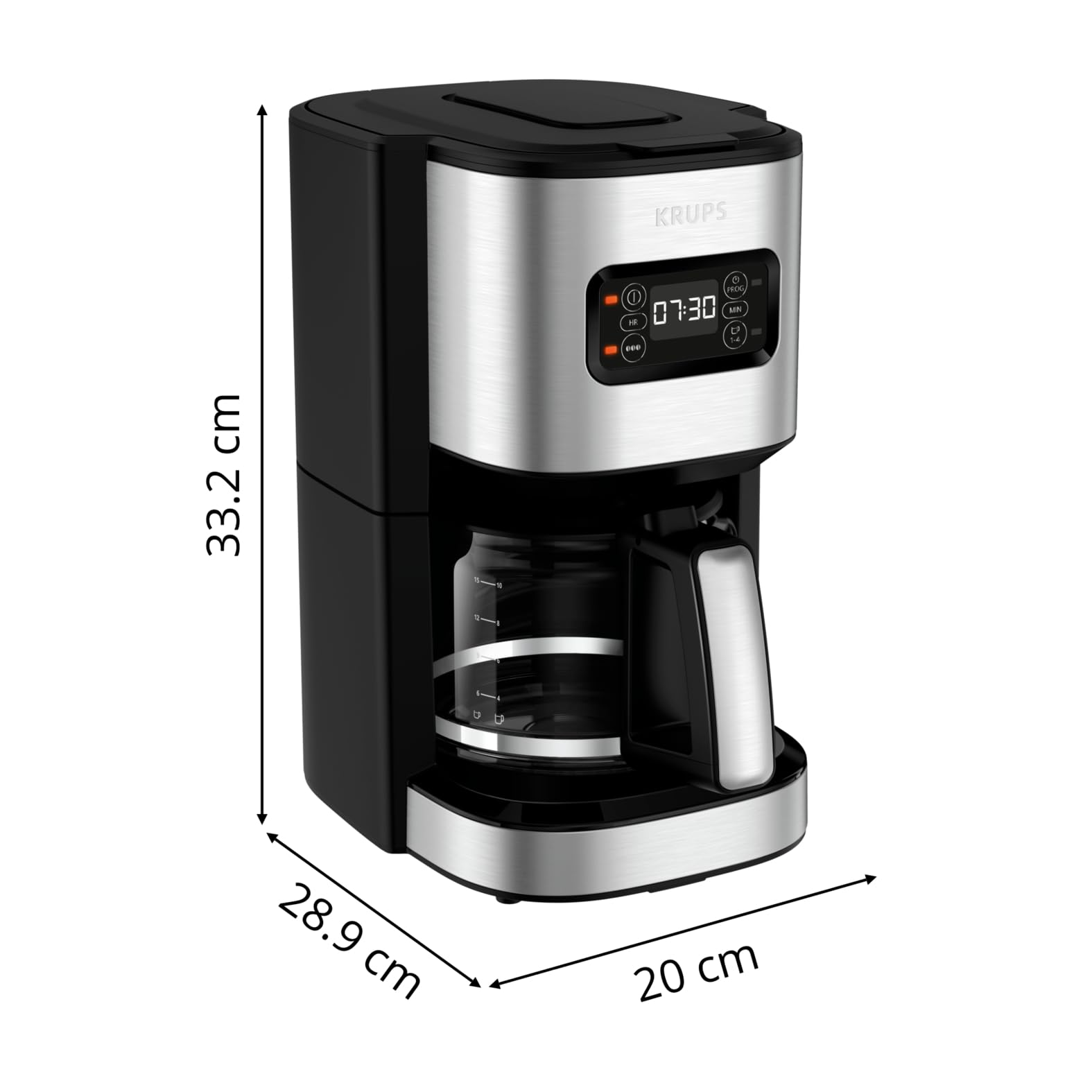 Krups Caffettiera programmabile 24 ore, acciaio inox premium, 1,25 l fino a 15 tazze, regolazione intensità, funzione 1-4 tazze conveniente, spegnimento automatico dopo 30 min, antigoccia, eccellenza