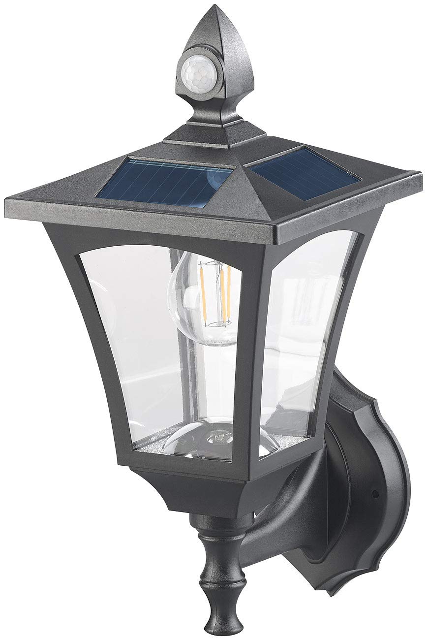 Royal Gardineer Gartenlampe: Solar-LED-Stand- & Wandlaterne, PIR-Sensor, Dämmerungssensor, 300 lm (Solarlaterne mit Dämmerungssensor, Sockel-Laterne, Panel)