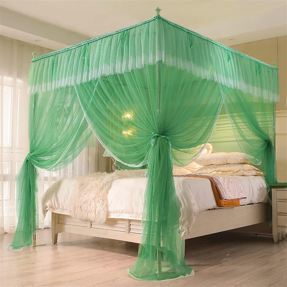4 Corners Post Canopy with Sturdy Frame Bed Curtain for Girls & Adults Cute Cozy Drape Square Netting 3 Opening Mosquito Net Princess Bedroo