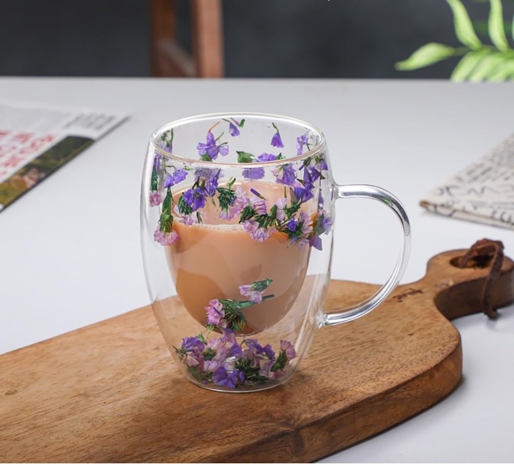 350 ml geïsoleerde laag bloemen koffiekop, anti-verbranding theekop met ergonomisch handvat - bloemen dubbelwandige glazen mok beker met bloemen voor
