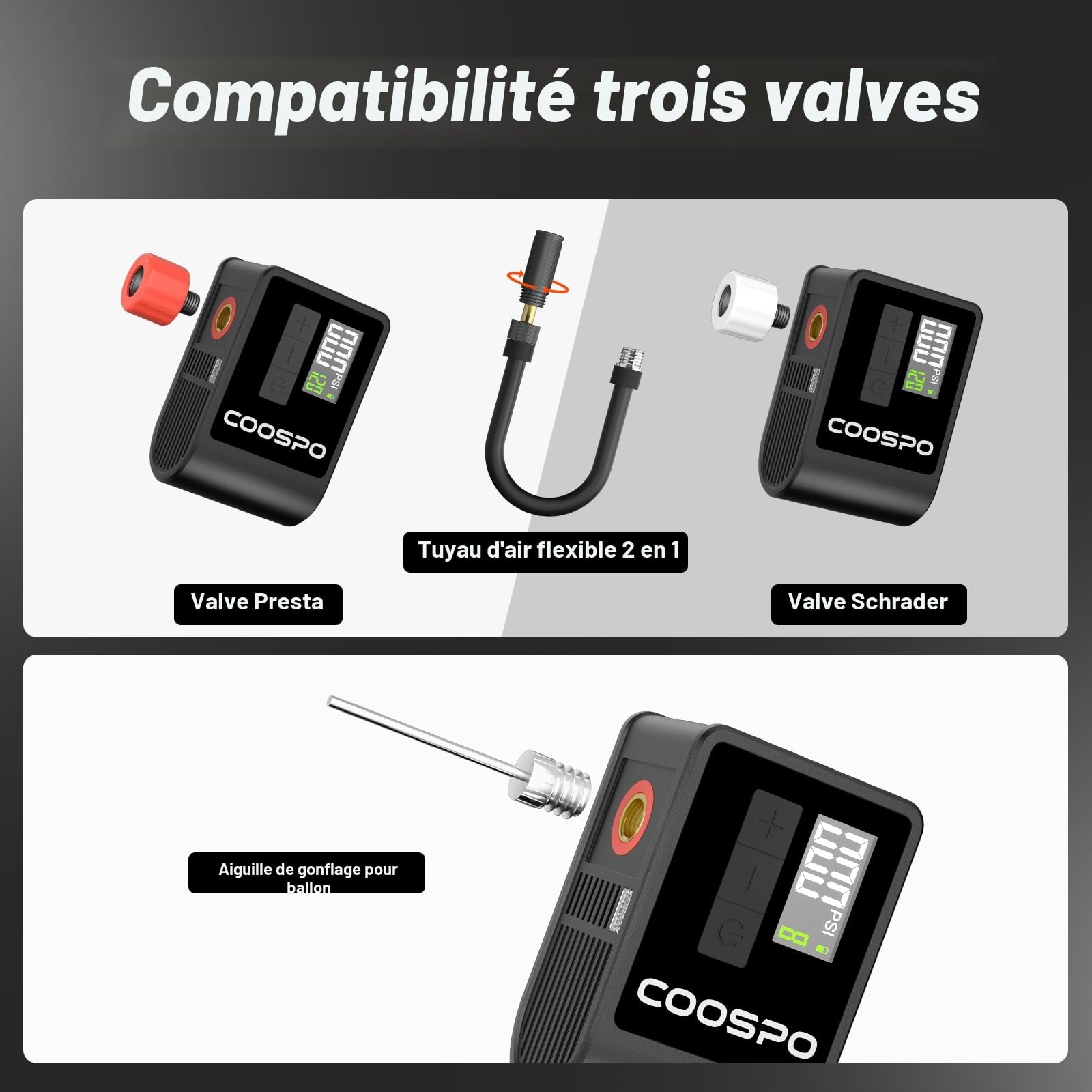 CooSpo Pompe à Velo Electrique, Mini Pompe Portable, Max 120 PSI avec Valves Presta Schrader