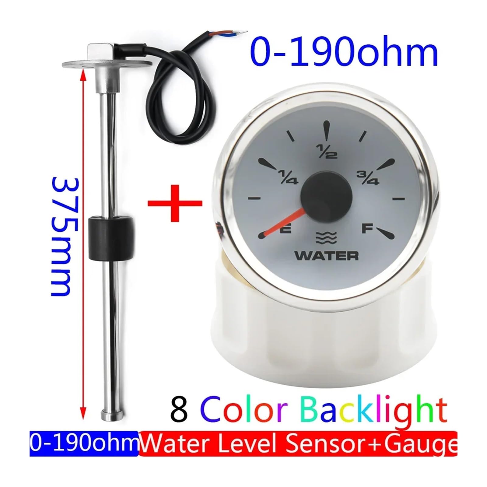 Sensore di Livello dell'Acqua da 0~190 Ohm + indicatore di Livello dell'Acqua con retroilluminazione a 8 Colori Indicatore del Livello del Serbatoio dell'Acqua 12V 24V(375mm)