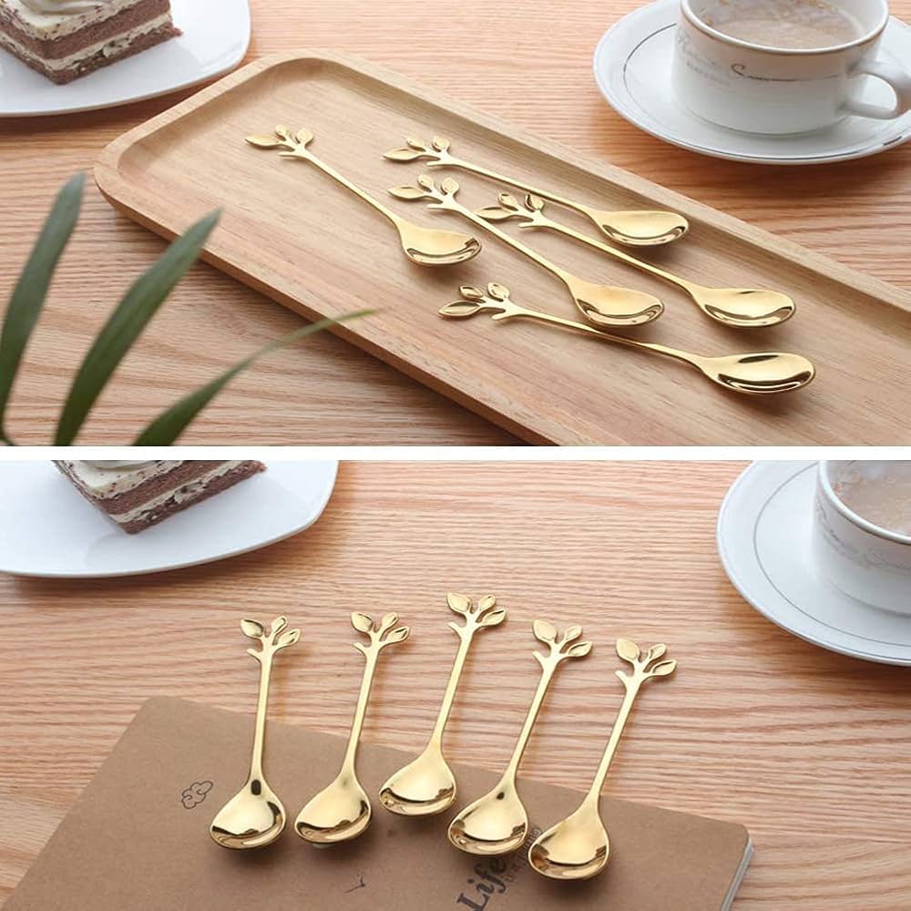12 Pezzi Di Cucchiaino Da Caffè In Foglia Di Acciaio Inossidabile, Cucchiaini Da Caffè Particolari, Cucchiaio Da Caffè Con Design A Ramo, Cucchiaio - Foto 7