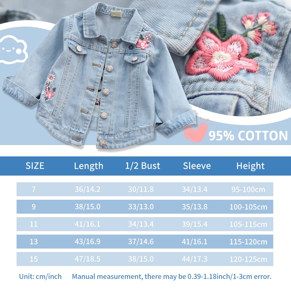 Veste en Jean Enfant Fille Manteau en Denim Brodé Blouson Trench-coat à Col Revers pour Printemps Automne