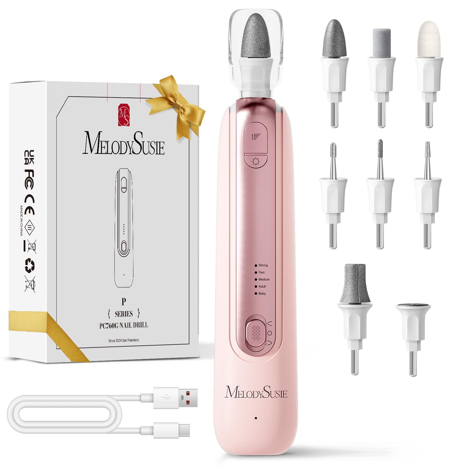 MelodySusie Professional Manicure Pedicure Kit,8-in-1 Electric Nail Drill Set with 5 Speeds,Rechargeable Cordless E-File with 360° LED Light,Perfect Hand Foot Care Trimmer Polish Tools - PC760G
