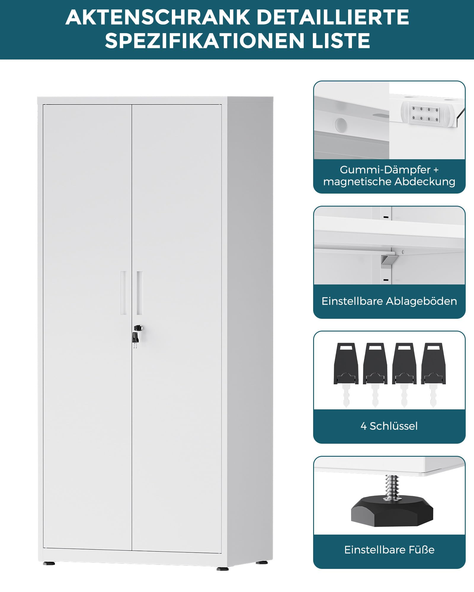 Aktenschrank, abschließbarer Mehrzweckschrank mit 4 höhenverstellbaren Einlegeböden, Stahl-Büroschrank mit 2 Türen, Weiß, 181.5×80×40 cm