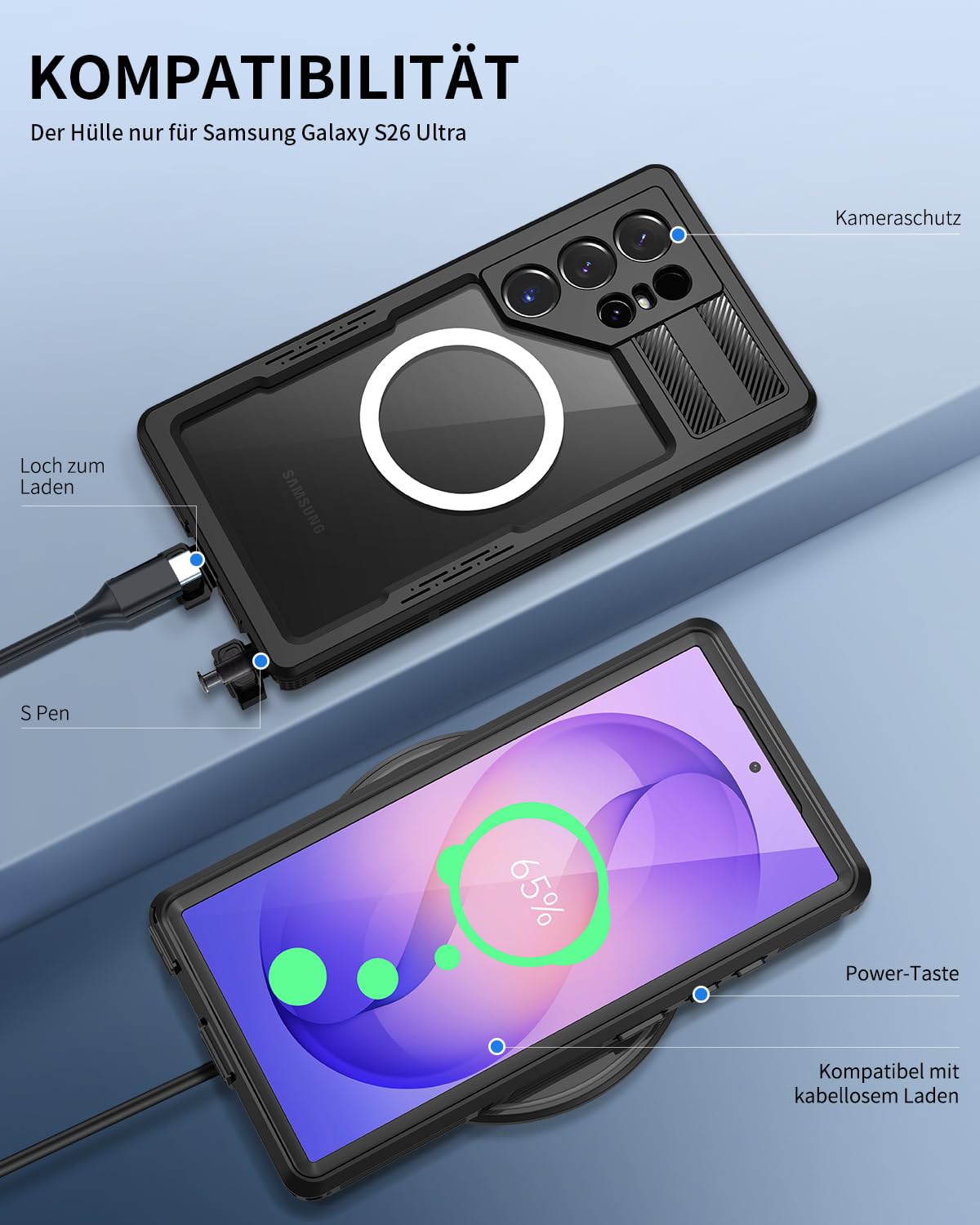 für Samsung Galaxy S26 Ultra 5G Hülle Wasserdicht Kompatibel mit Magsafe, HandyHülle S26 Ultra IP68 wasserdichte 360 Schutzhülle,Stoßfest Outdoor Panzerhülle mit Displayschutz,Schwarz