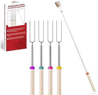 ELVYNIA 4 Pack Marshmallow Toasting Forks Kit - Extending Stainless Steel U-Shape Smores Sticks for Roasting & Toasting Over an Open BBQ - Retractable Fire Pit Accessories for Outdoor, Indoor Campfire