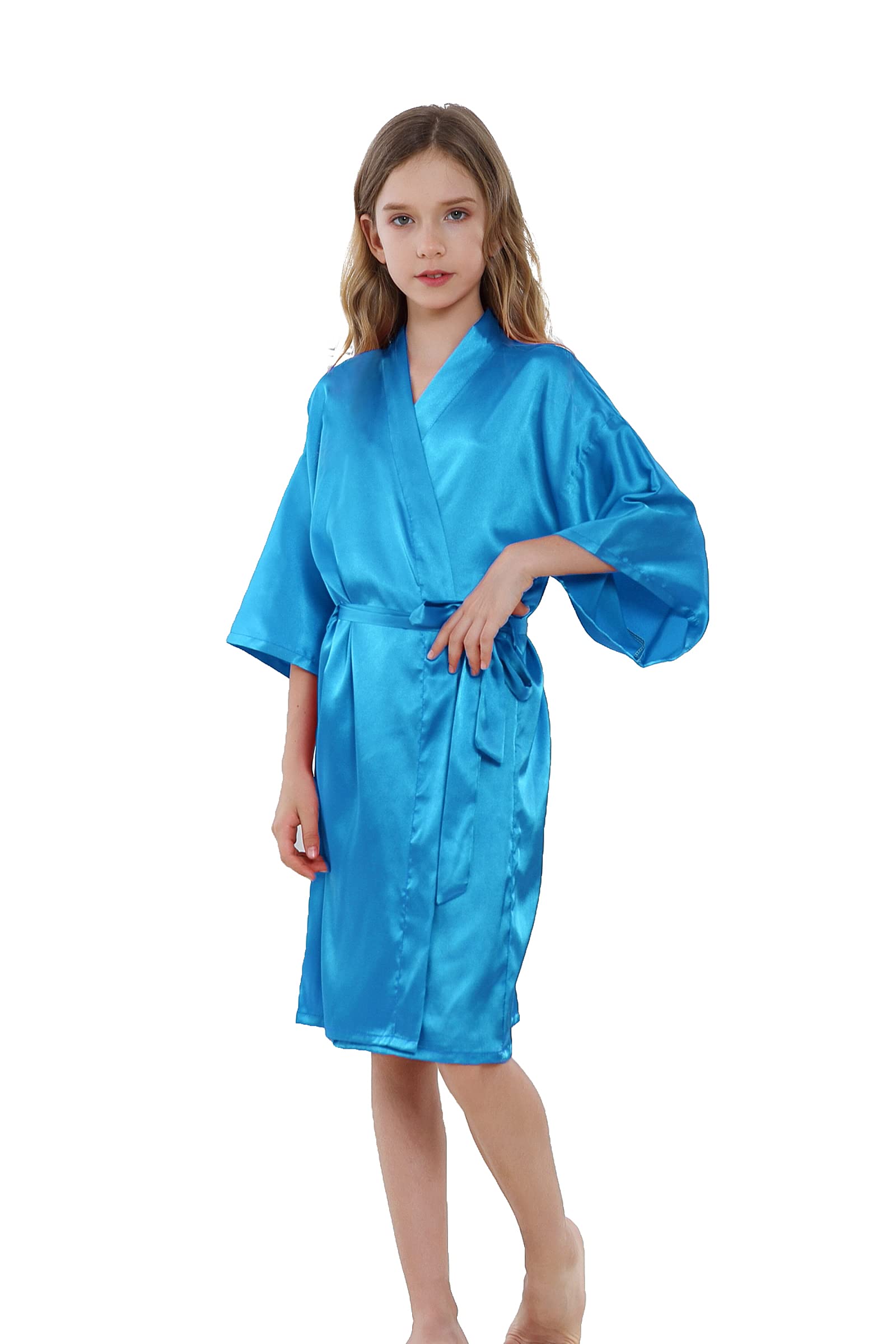 ALHAVONE Girl's Kid's Silky Satin Solid Color Short Kimono Robe for Wedding Birthday Party Spa