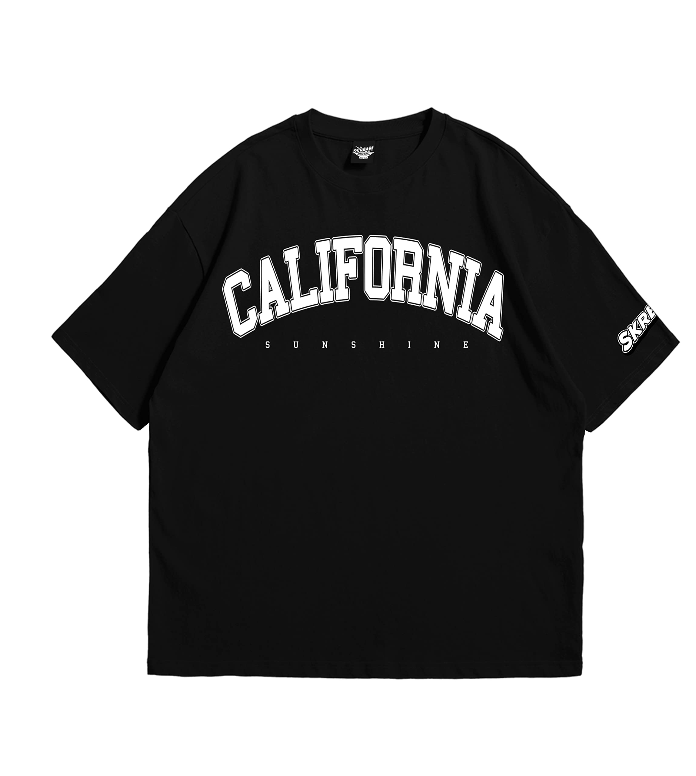 SkreamOversized T-Shirt for Women, Printed Cotton Black Oversized California Sunshine, Drop Shoulder Round Neck Boxy T-Shirt Baggy, Loose Fit, Half-Sleeve Tee