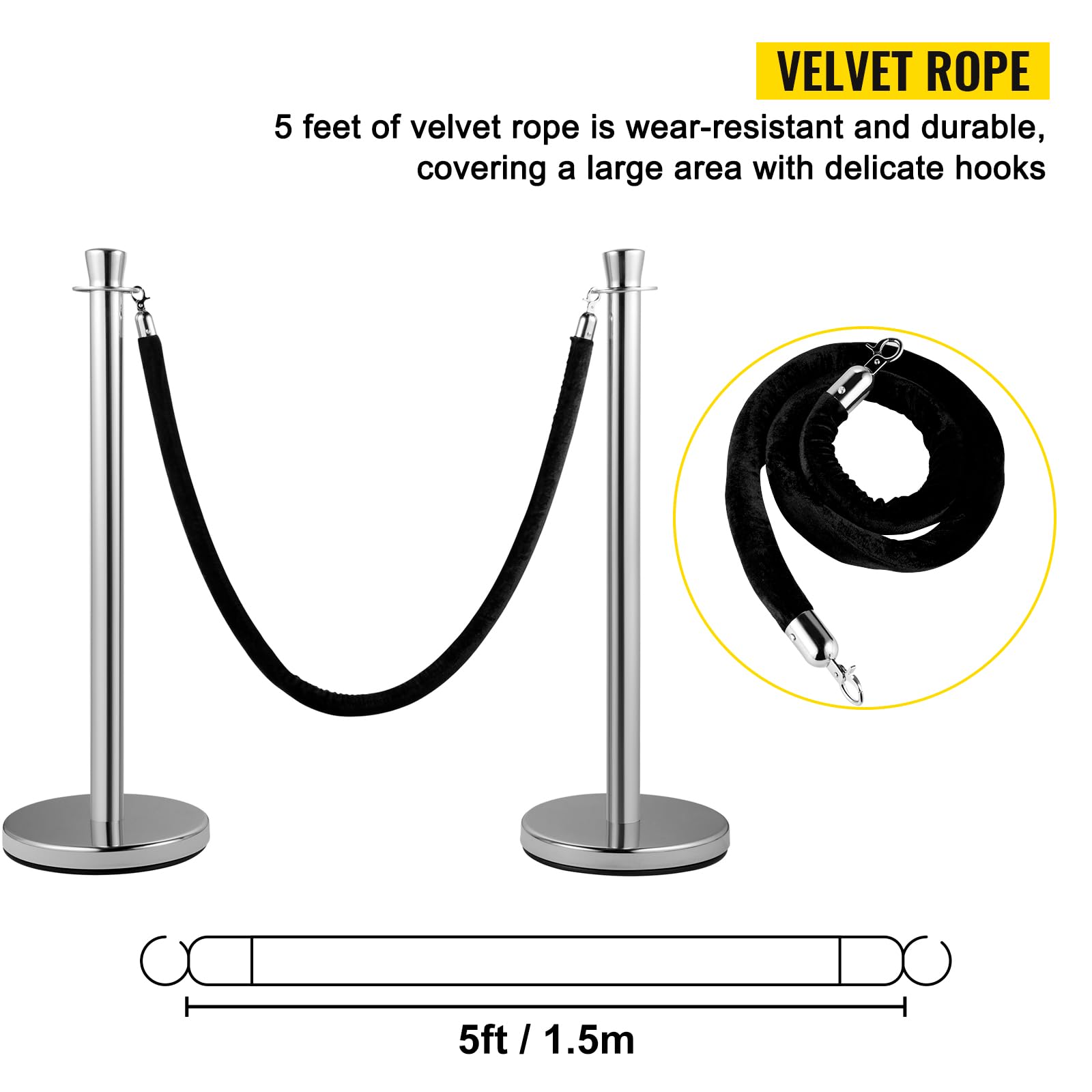 VEVOR Geleidingspalen, 6 stuks, 93 cm, markeringsbarrière voor menigtecontrole, met 4 intrekbare banden, 200 cm, voor afbakening, scheiding, wachtrij in het openbaar, school, theater, hotel
