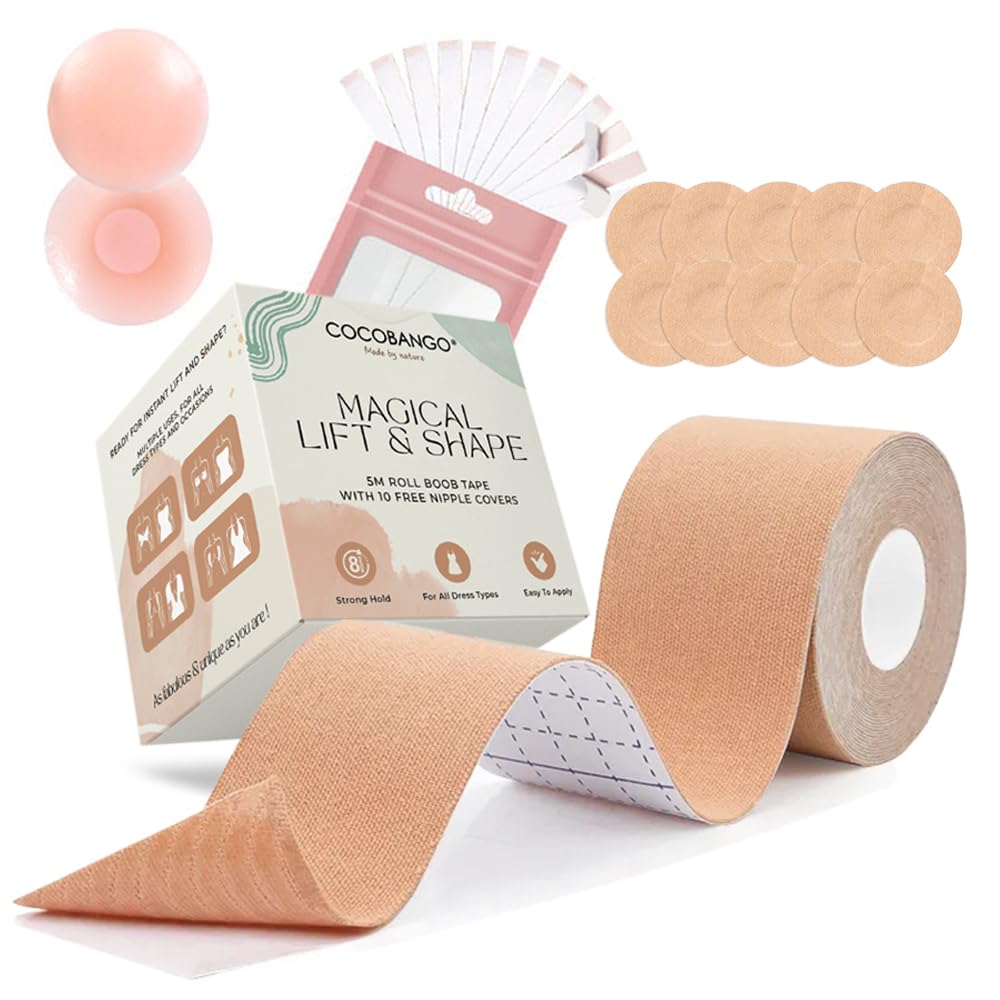 Cocobango Women's Beige Boob Tape Boobtapes Push Up 20 Fashion Tapes 12 Nipple Covers Invisible Boobtapes Tit Tape Boobytape Boobie Tape Boob Lift Tape No Bra - All-In-One Lift & Shape Boob Tape Kit