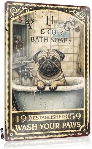 Letrero de estaño con texto en inglés «Wash Your Paws» («Wash Your Paws» de Pug Bath Soap Wash Your Paws para decoración de mascotas; decoración de