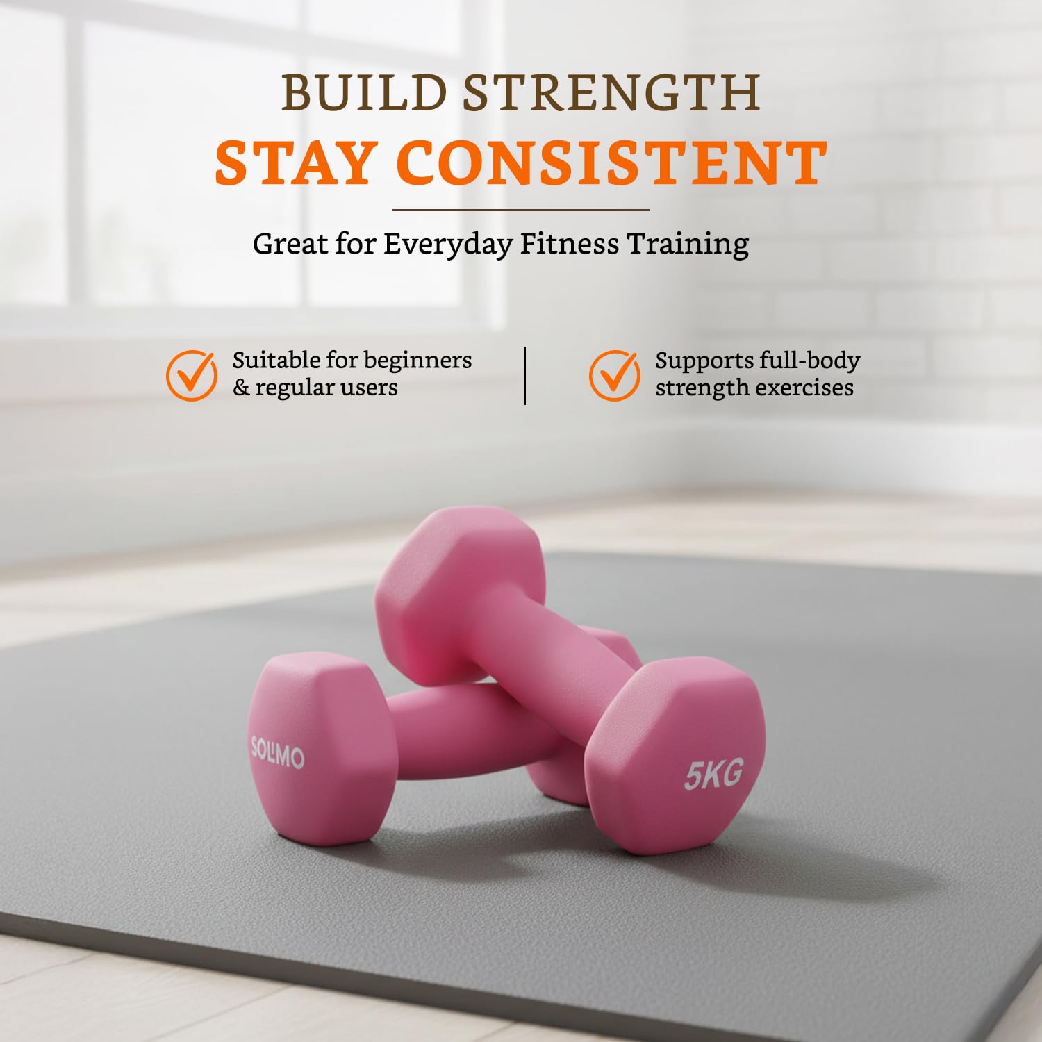 Amazon Brand - Solimo Neoprene Dumbbell 5 Kg, Set of 2 (Light Pink)
