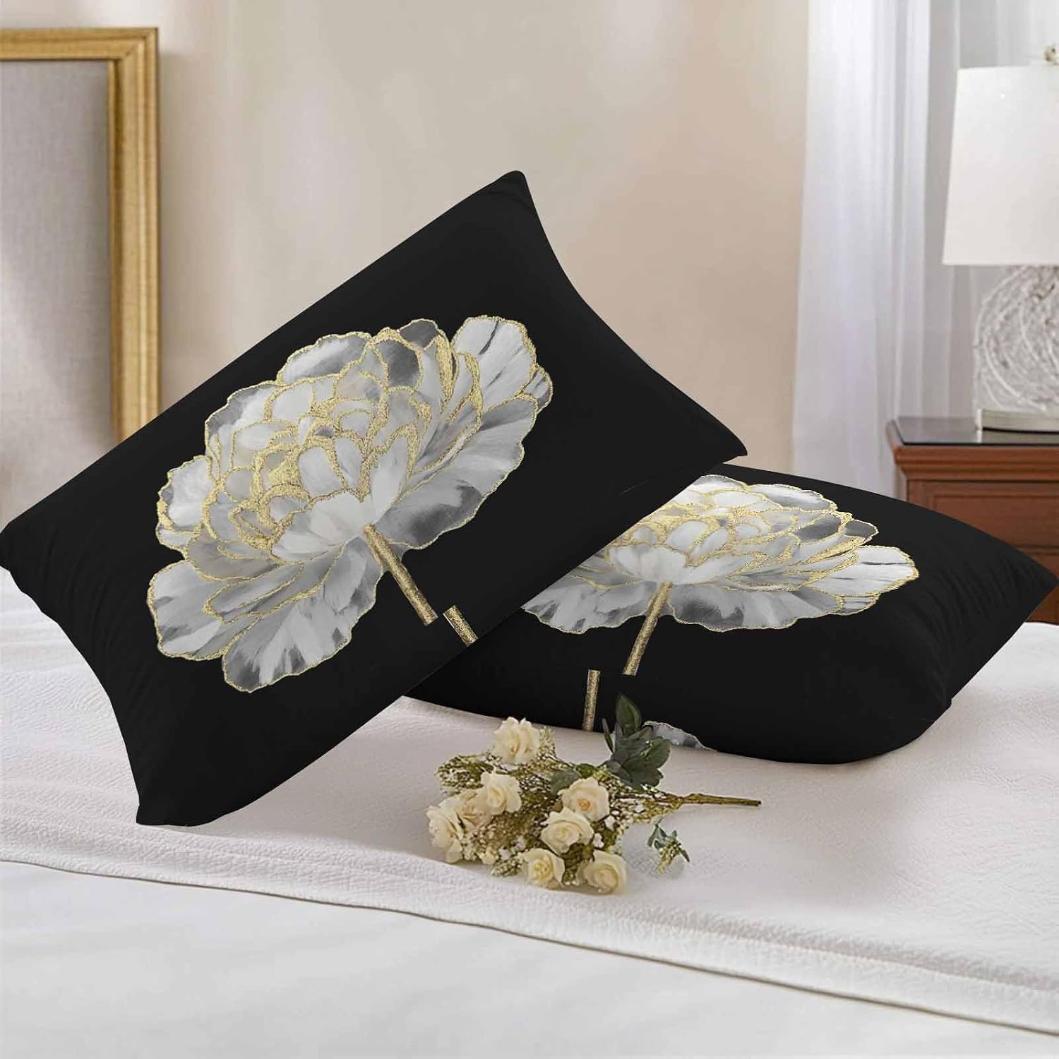 T&H XHome Outdoor Waterproof Throw Pillow Covers 20"x12" Set of 2 White Gold Black Decorative Cushion Cover Pillowcase for Garden Patio Tent Beach Bedroom Living Room Sofa Couch