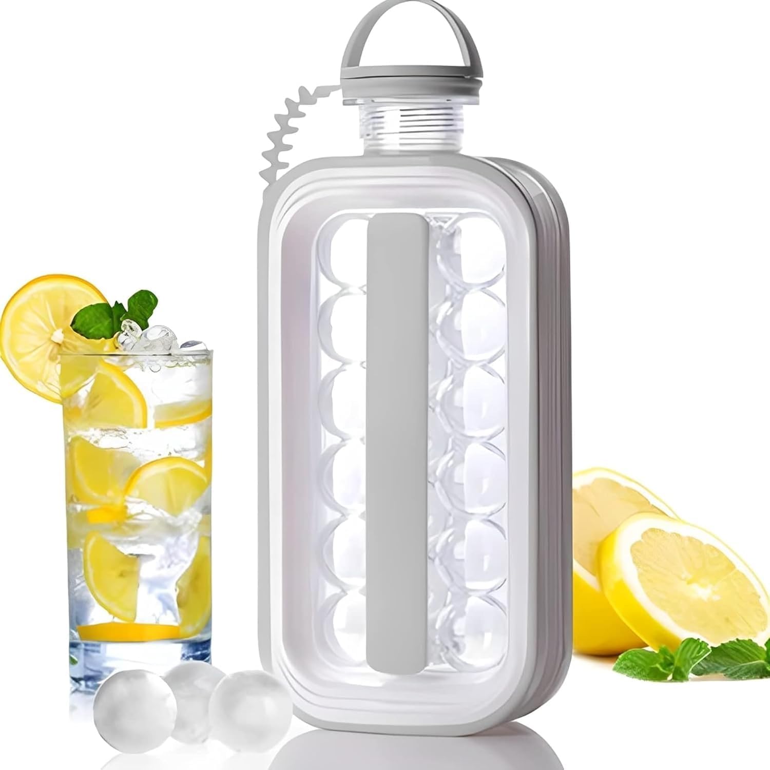 CPEX Ice Ball Maker 2 in 1 Portable Ice Cube Trays Bottle with 17 Grids Flat Body Lid Cooling Ice Pop/Cube Molds for Cold Drink (Grey)-image-38