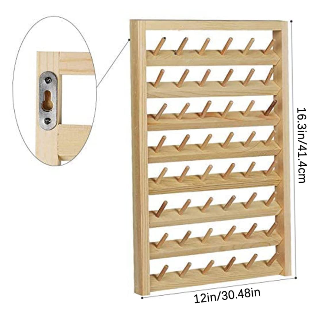 Estante para hilo de 48 carretes, soporte para carrete de hilo de coser montado en la pared con ganchos para colgar, organizador de madera para acolchar y bordado