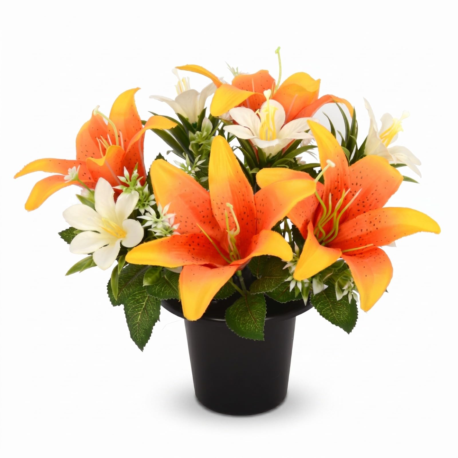 Homesecret Pack 1 Artificial Flowers for Graves in Pots 25cm | Orange Lillies Grave Flower Pots for Christmas | Luxury Memorial Flowers for Graves, Funerals & Lasting Tributes | All Season Displays