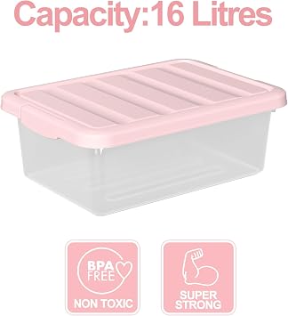 2 Pack 16 L Under Bed Latching Box, Clear Box with Pink Lid