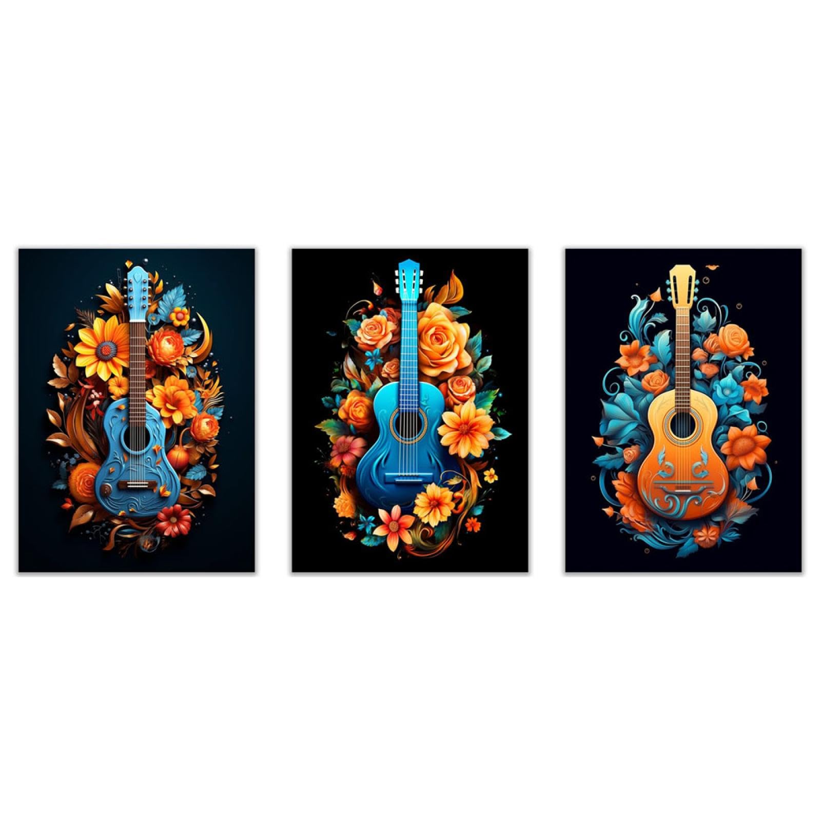 veces Astratto Quadri Soggiorno, Girasoli bohémien e chitarra Stampa su tela Pittura Quadri Moderni Poster da parete Camera da letto Casa Ufficio Decorazioni - 60x80cmx3 Non incorniciato
