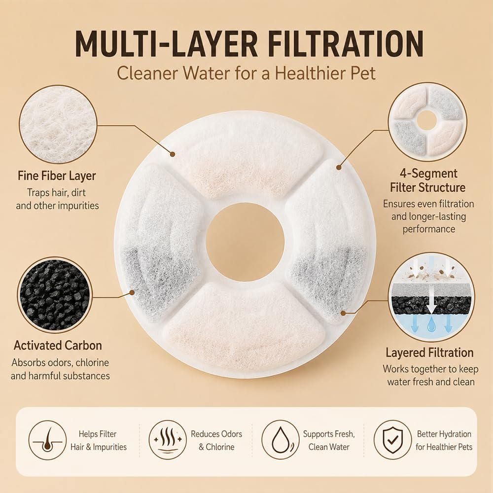 24 Filter Katzenbrunnen für Comsmart Stainless Steel Cat Water Fountain Aktivkohle Ersatzfilter Rund Filterkartusche für Katzen Hunde Trinkbrunnen