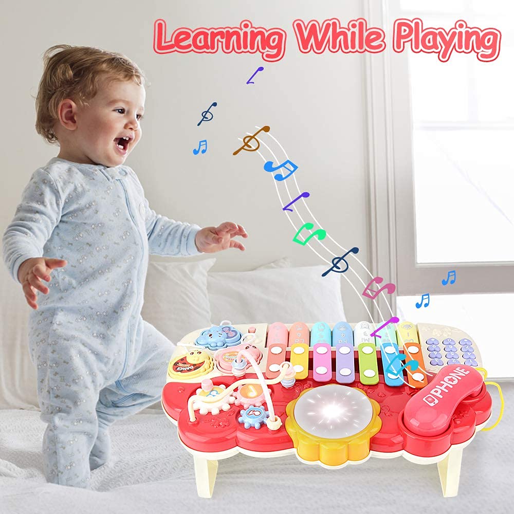 Juguetes musicales para bebés, instrumento musical de desarrollo para bebés de 18 meses, con música e iluminación, juguete de piano de batería de aprendizaje rojo para niños pequeños 6