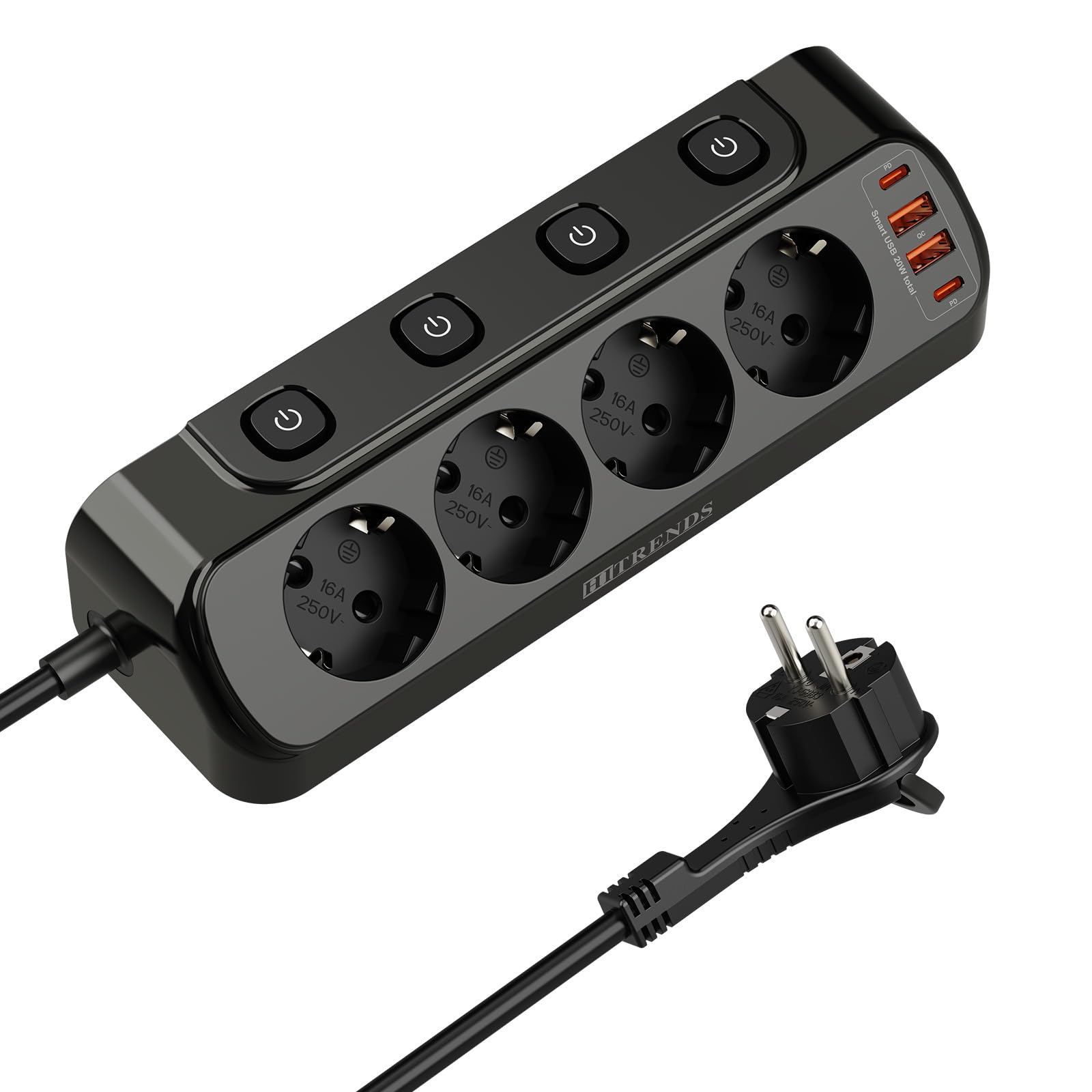 Ecksteckdose mit USB, 4 Fach Steckdosenleiste mit Schalter, Mehrfachsteckdose Steckerleiste mit 2 USB und 2 Type-C, 8 in 1 Steckdosenverteiler Flachstecker mit 2M Kabel für Smartphones, Hause, Schwarz