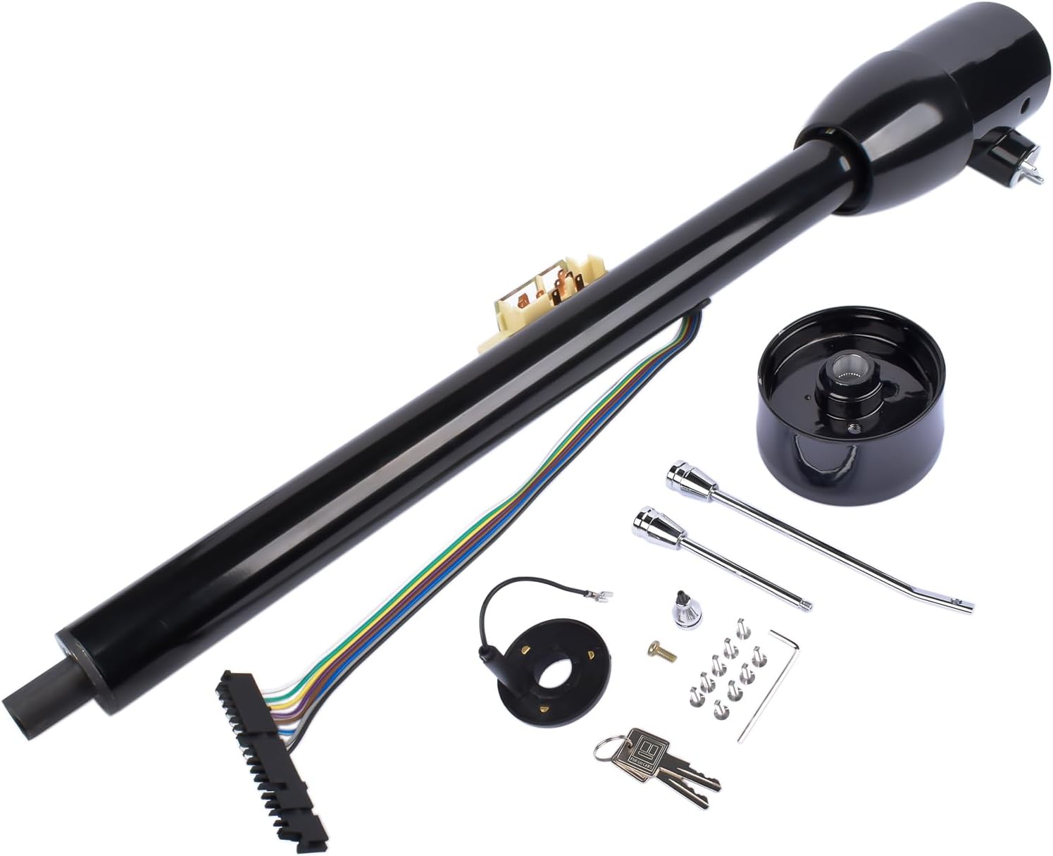 GELUOXI Replacement for GM 32 Inch Tilt Manual Steering Column Floor Shift Hot Rod, with Key & 9 Holes Adapter, Stainless Steel Black Coating