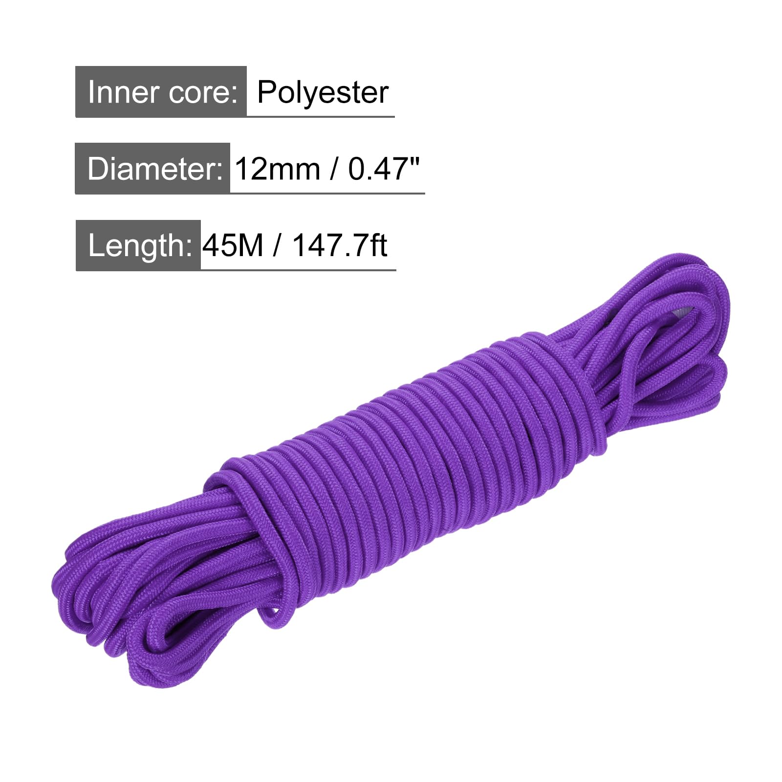 QUARKZMAN Corde tressée en Corde en polypropylène 45M/147ft 1/2" 12mm Violet pour Une Utilisation intérieure et extérieure, Camping, Corde à Linge