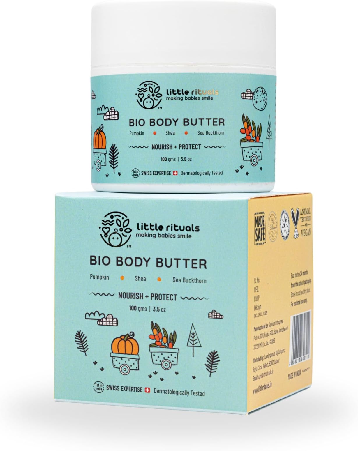 Little Rituals Baby BIO BODY BUTTER - NOURISH+ PROTECT Formulated with best plant botanical -PUMPKIN & SHEA BUTTER, SEABUCKTHORN OIL. Natural, Organic, Dermat tested, SWISS Technology (100 gm)