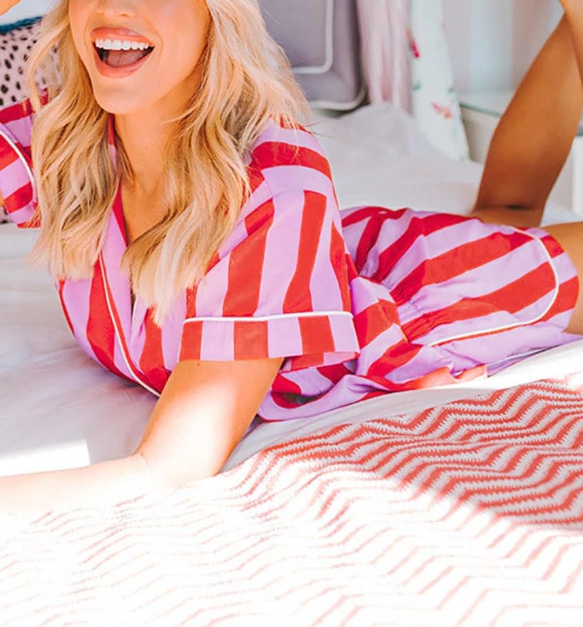 Image of NUFIWI Women 4th of July Outfits American Flag Short Sleeve Shirt Striped Shorts Lounge Set Two Piece Pajama Sleepwear