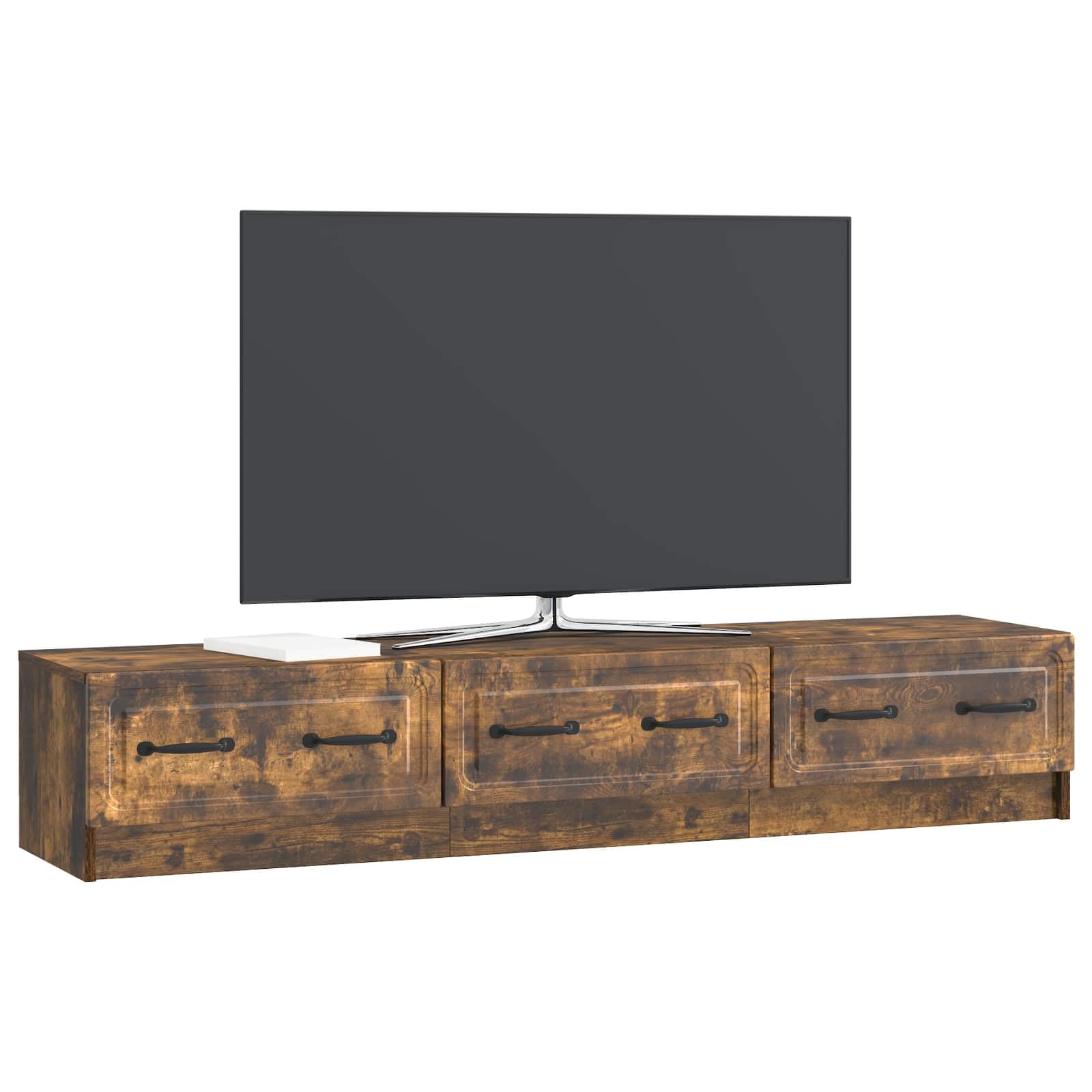Mobile TV basso in rovere affumicato, 147 x 34,5 x 27 cm, con vano portaoggetti, cassetto per soggiorno, multimediale, home theater e gaming