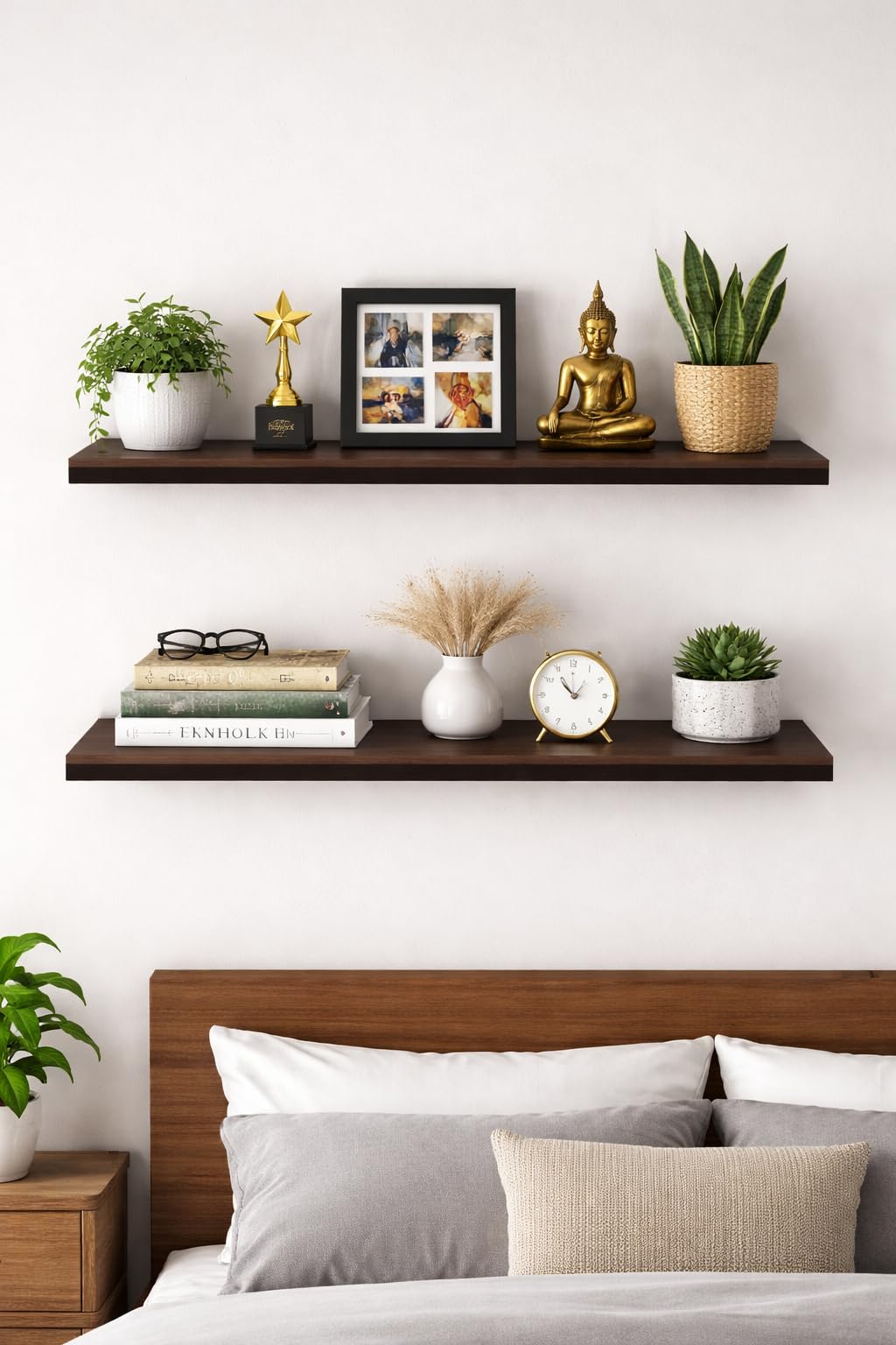 Wooden Floating Wall Shelf, Dark Brown, Set of 2, for Living Room, Bedroom, and Home Decor Display-picture-23