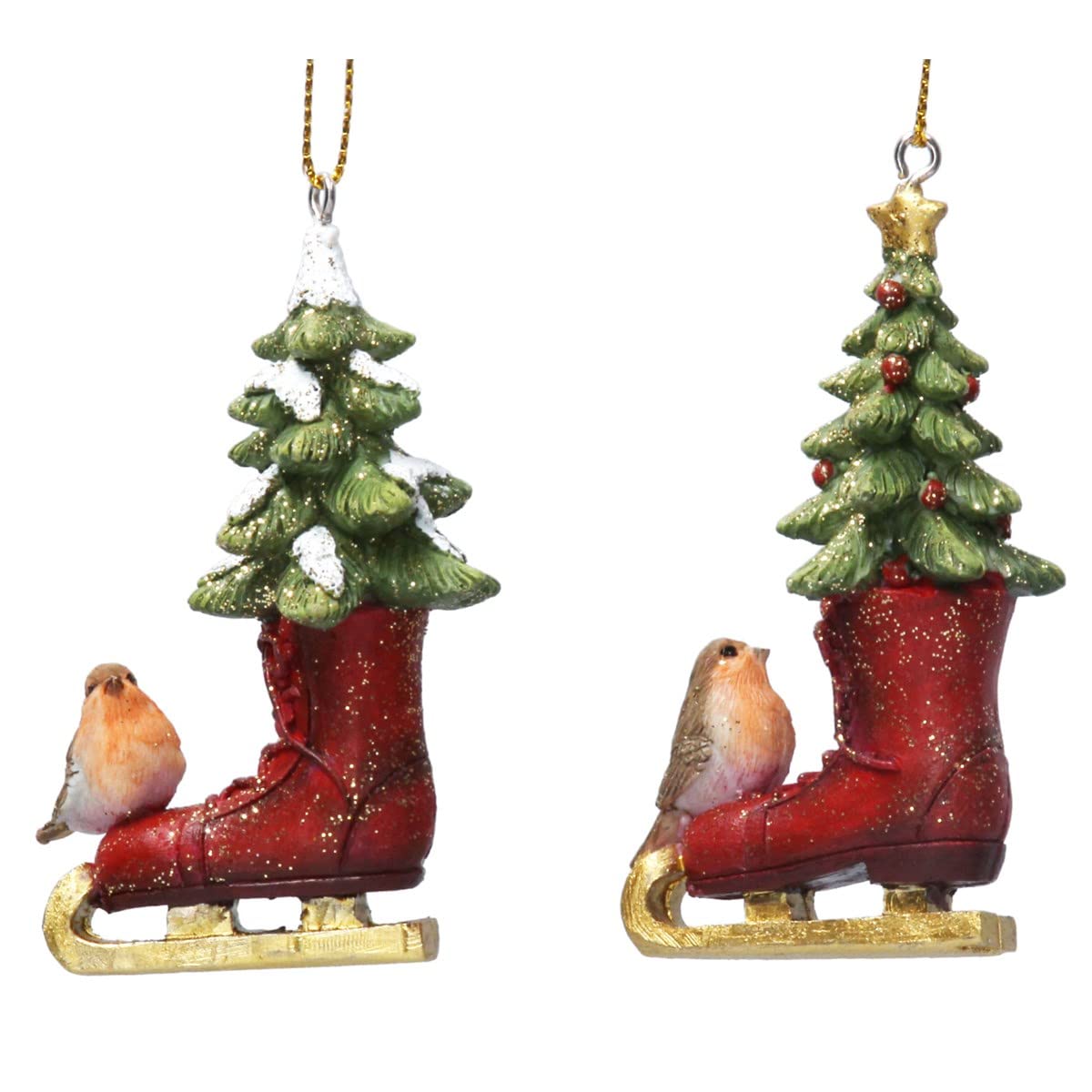 Gisela Graham Resin 8 Centimetre Boots with Tree and Robin Set of 2 Assorted Designs