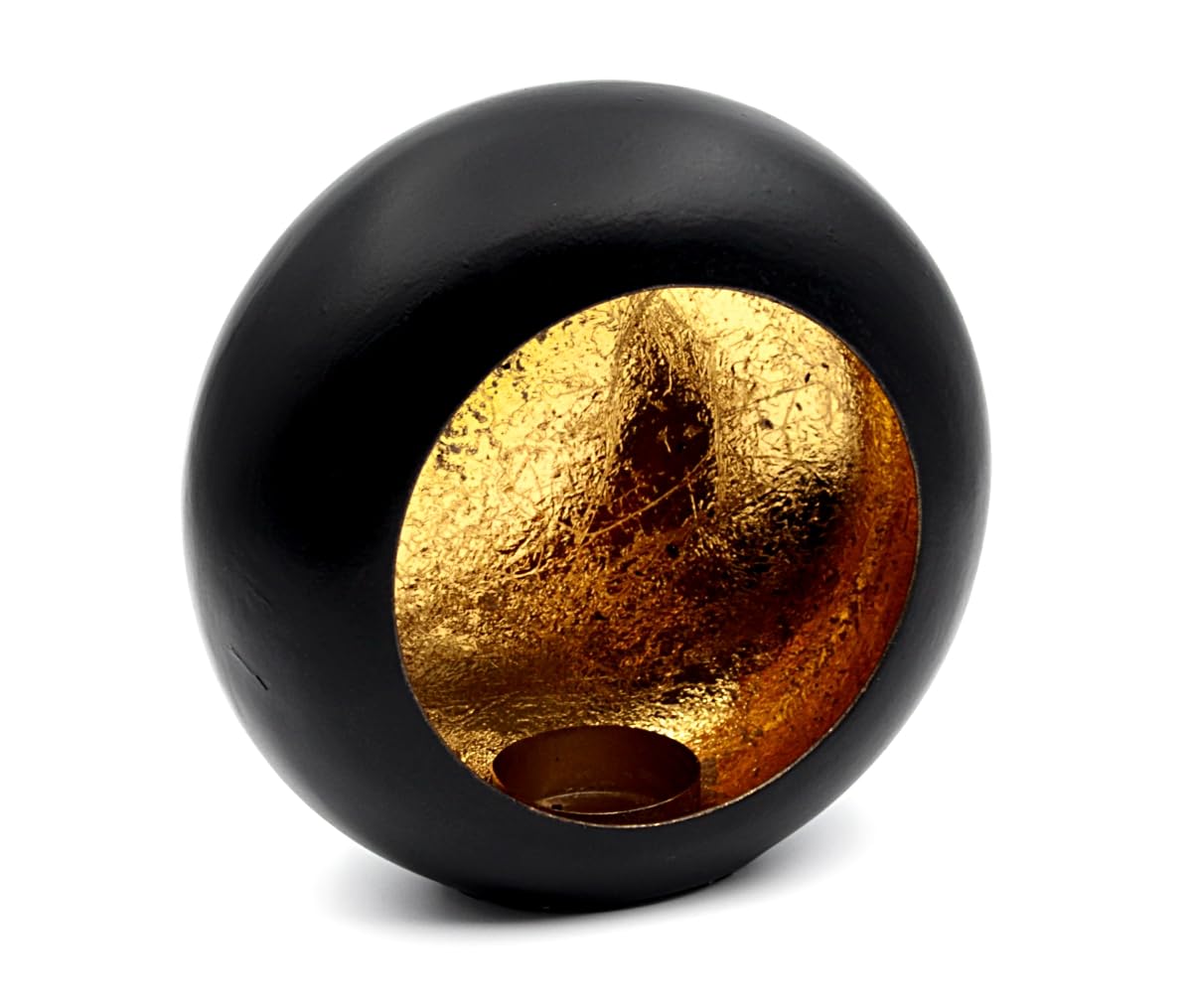Portavelas de té, color negro y dorado, portavelas de metal, redondo, 16 cm x 7 cm