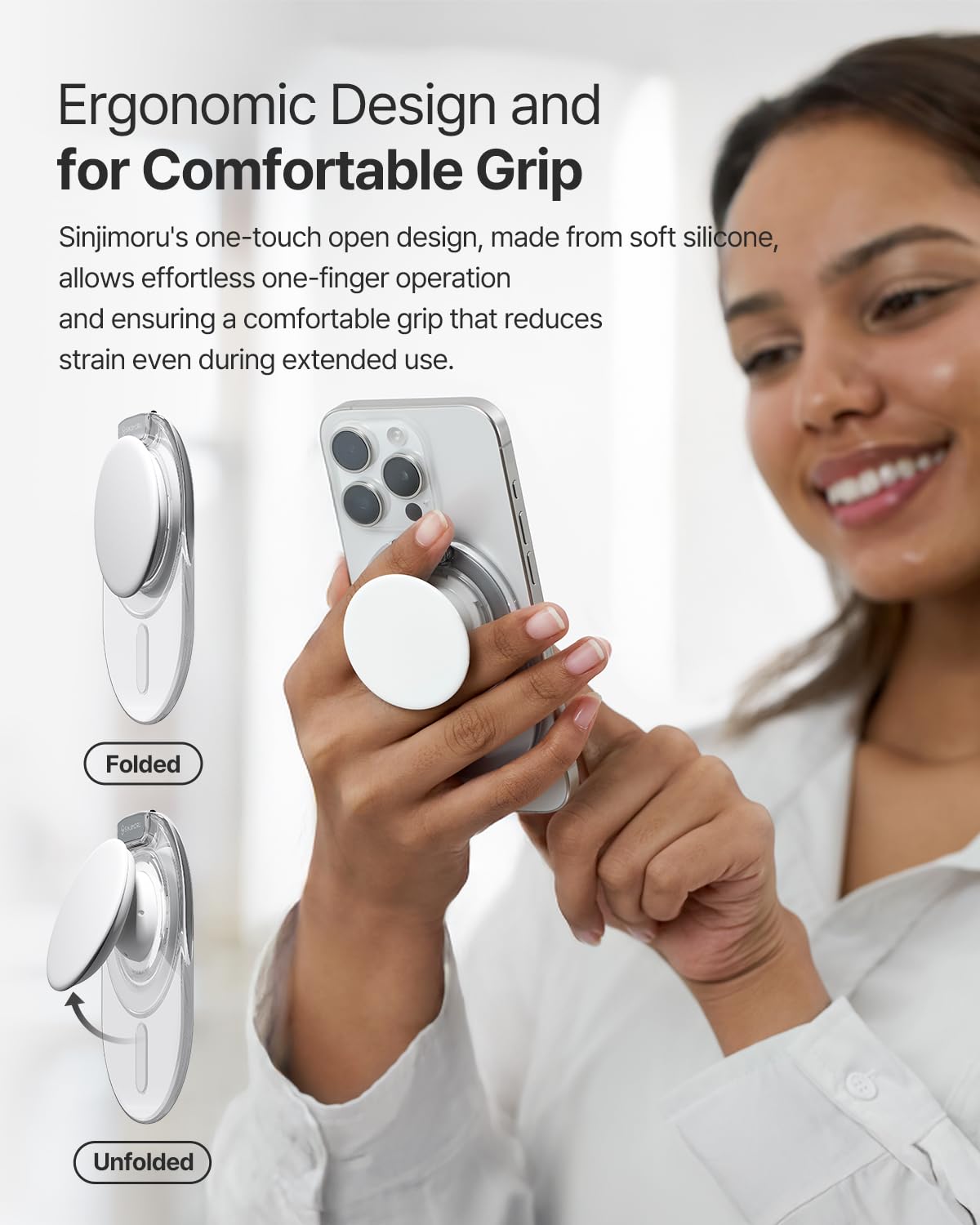 Sinjimoru Soporte de agarre para teléfono, compatible con MagSafe, anillo adaptador incluido, soporte de 3000 G para iPhone 17/16/15/14/13. Soporte M-Tap Tok blanco transparente