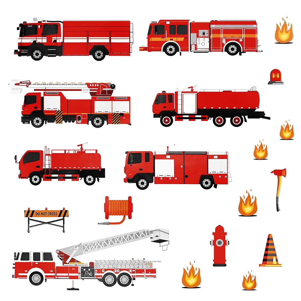 Fire Trucks Wall Decals,2 Sheet Transportation Firefighter Vehicle Peel and Stick Wall Stickers DIY Home Wall Decals for Kids Baby Bedroom Living Room Nursery Decoration