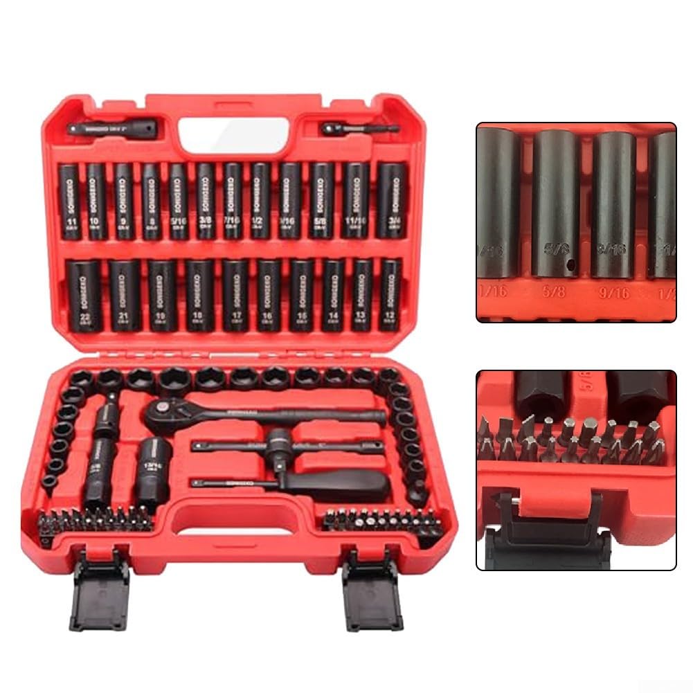 Lot de 95 douilles 3/8" en acier CR-V avec poignée à cliquet, tailles métriques et SAE, douilles profondes à 6 pans pour réparation automobile et générale