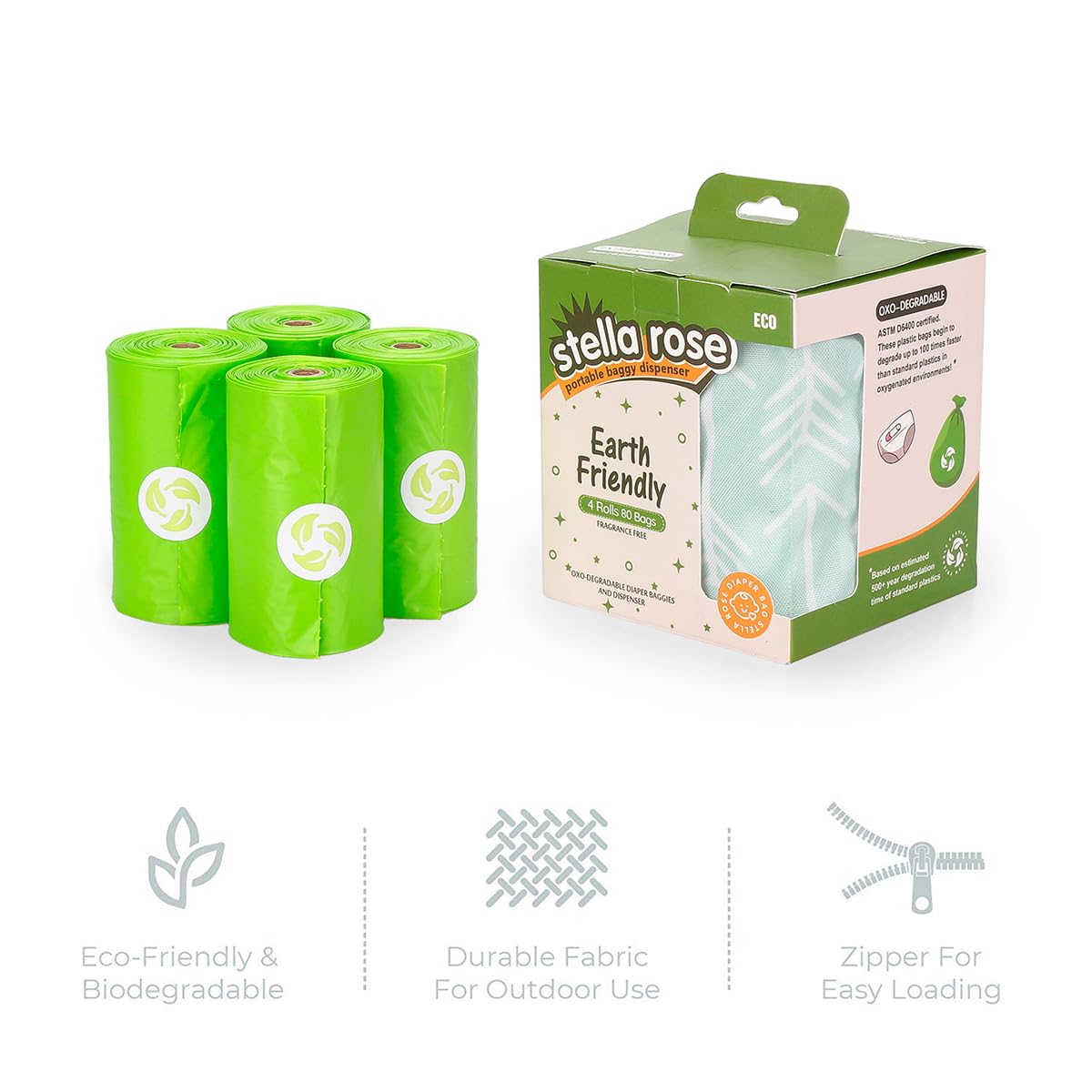 Dispenser per pannolini con 80 sacchetti usa e getta non profumati (4 rotoli di ricarica) per cacca di neonati e bambini o vestiti sporchi (freccia)