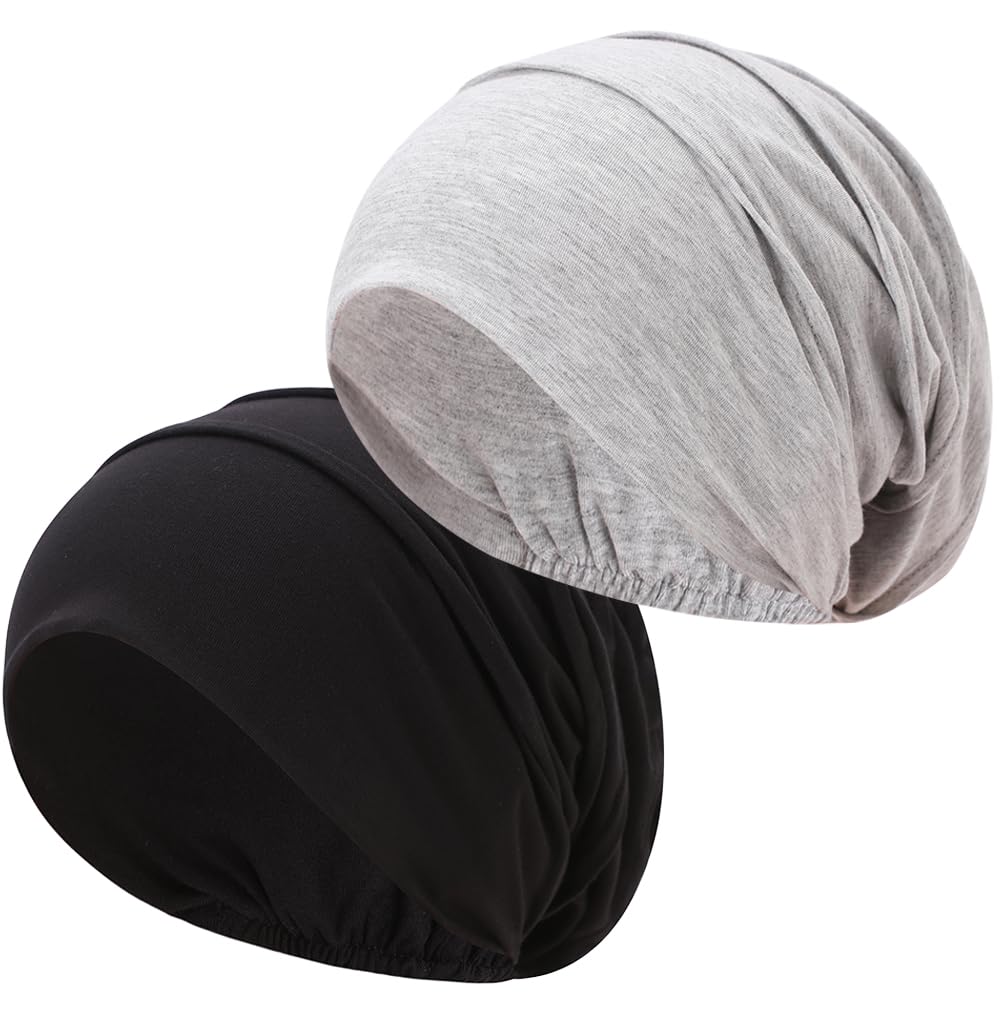 JarseHera 2PCS Cotton Slouchy Beanie Chemo Headwear Soft Slouch Cancer Caps Hats Head Cover for Hair Loss Black+Light Gray