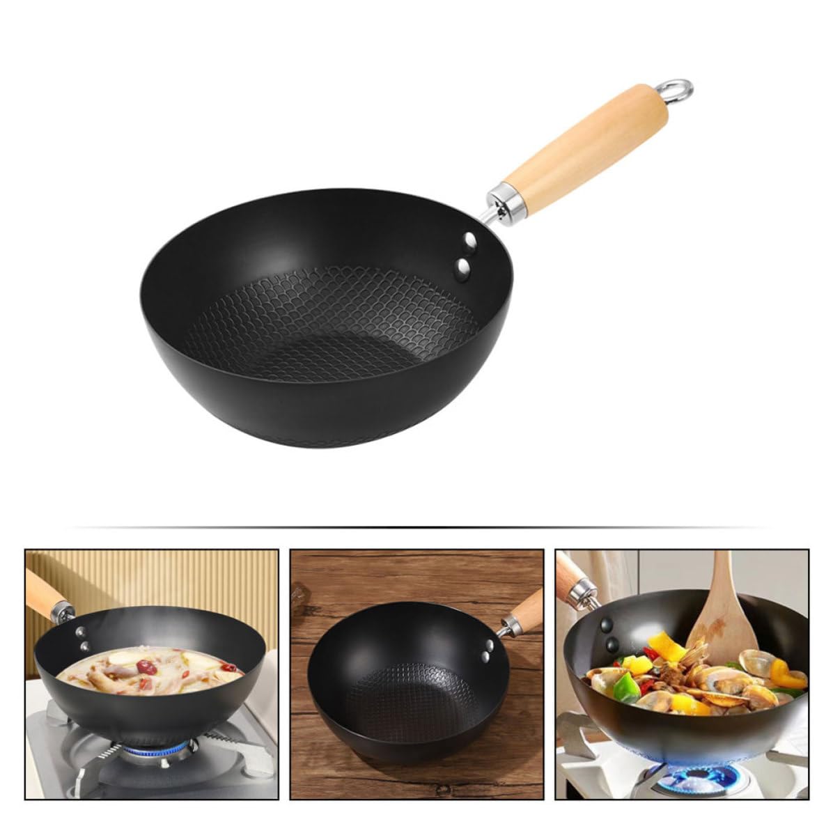 Veemoon Wok in Legno Antiaderente Ferro in Ergonomico Manico Nero