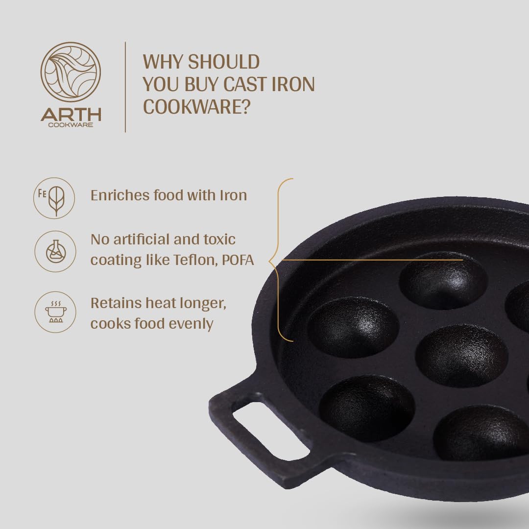 Arth The 7-Pits Pre-Seasoned Cast Iron Paniyaram Pan, 100% Natural and Toxic Free | 7 Pits - 22cms Diameter | NNaturally Non Stick and Long Lasting 1