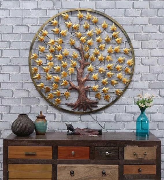 Image of Bharat Art Metal Iron Wall Art Decor for Home Bedroom Living room Cafe Interior Decorative | Elegant Wall Hanging Sculpture with LED Light | Gift Item | Mapple Tree In Ring | 40X2X40 Inch | W281
