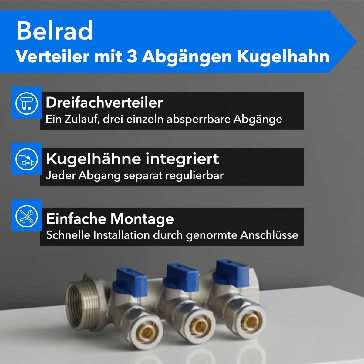 Belrad Heizkreisverteiler 4 Abgänge Kugelhahn blau 1" AG 1" IG 1/2" 16 mm Eurokonus vernickeltes Messing Einzelabsperrung